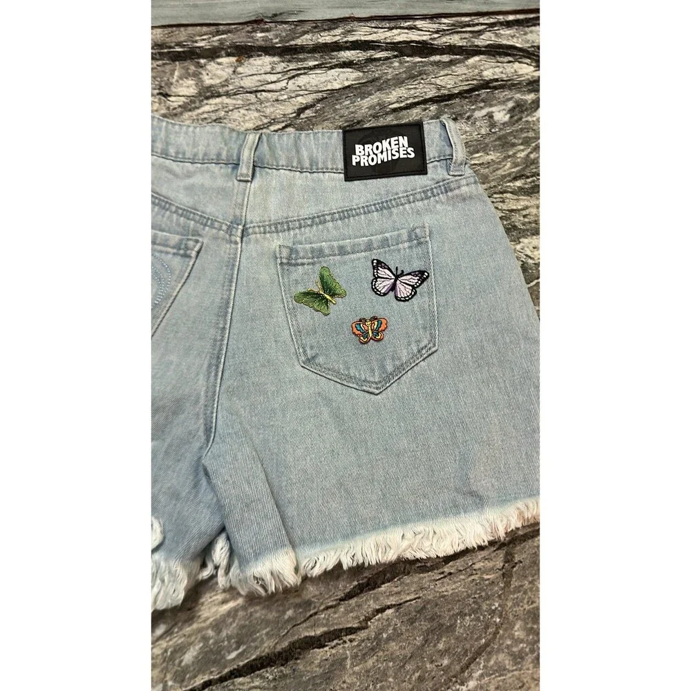 Broken Promises Two-Tone White & Light Blue Distressed Denim Shorts
